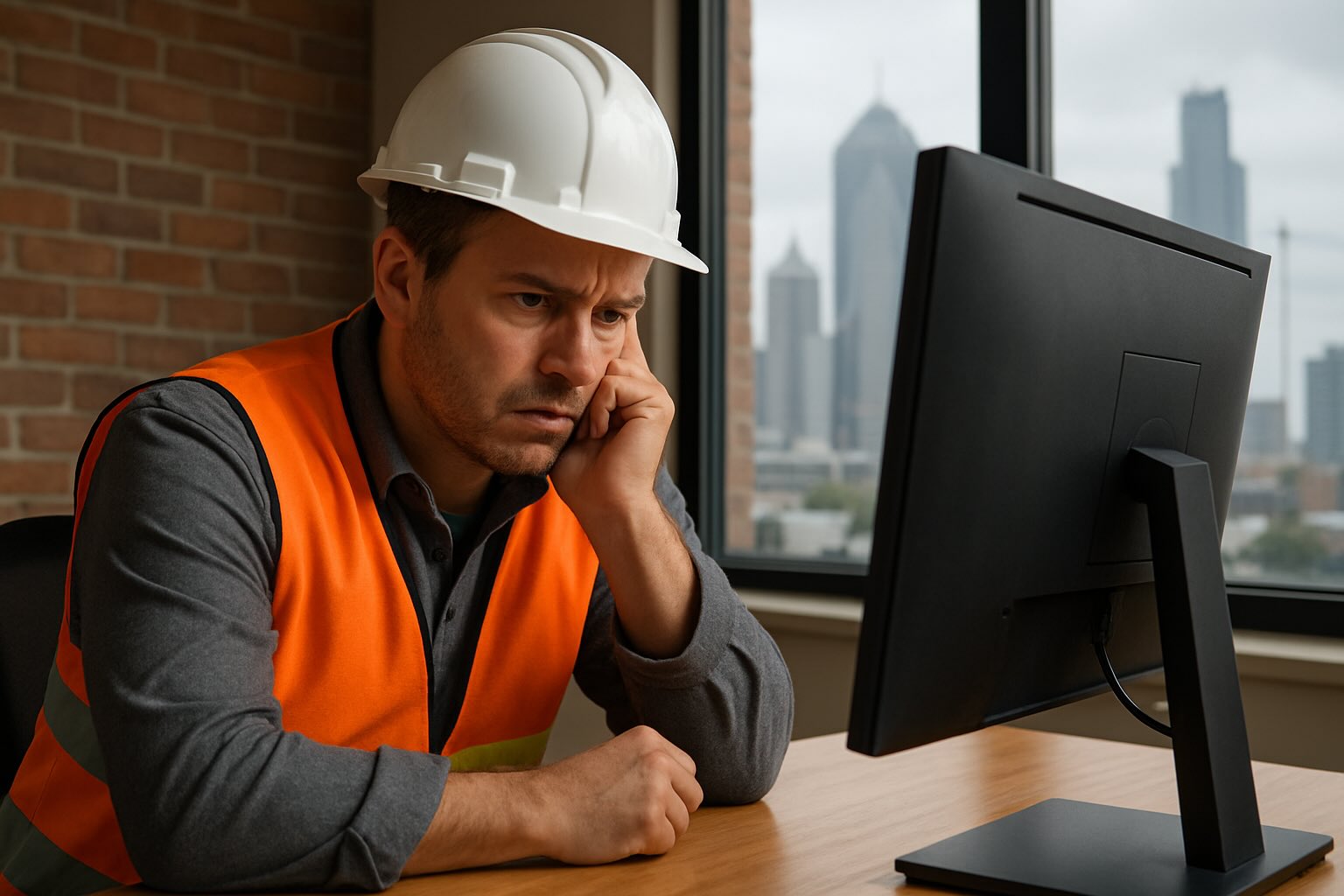 ChatGPT said: Concerned construction worker in a hard hat and safety vest looking at a computer screen in a Dallas office with the city skyline in the background.