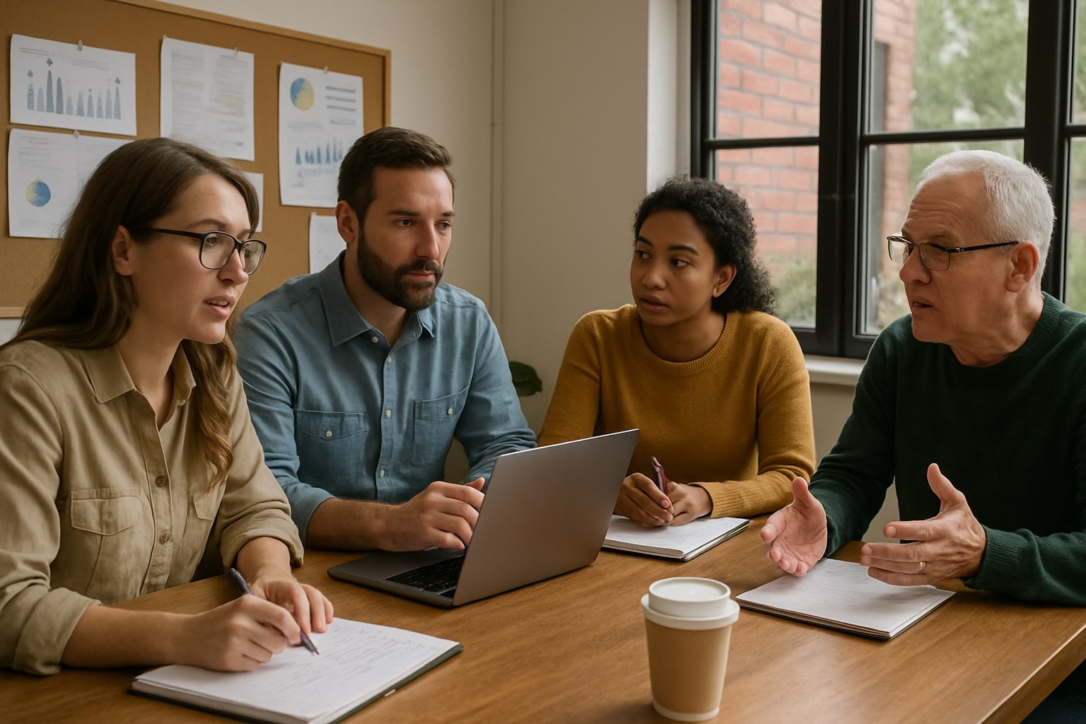 Four diverse small business team members sit around a table in a bright office, engaged in a focused staff meeting with notebooks and a laptop.
