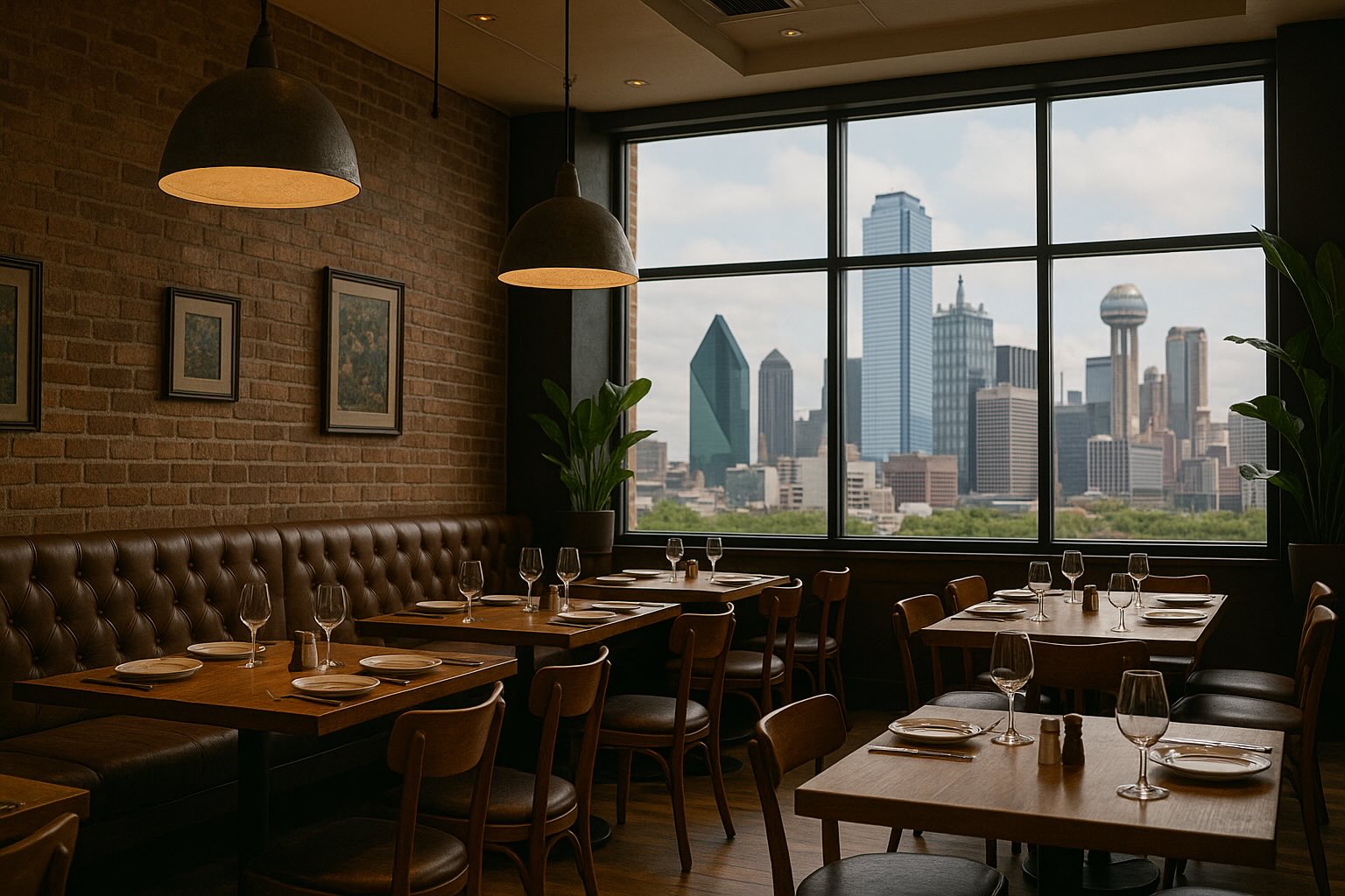 ChatGPT said: Interior of a stylish Dallas restaurant with wooden tables, leather seating, and large windows showcasing the downtown skyline.