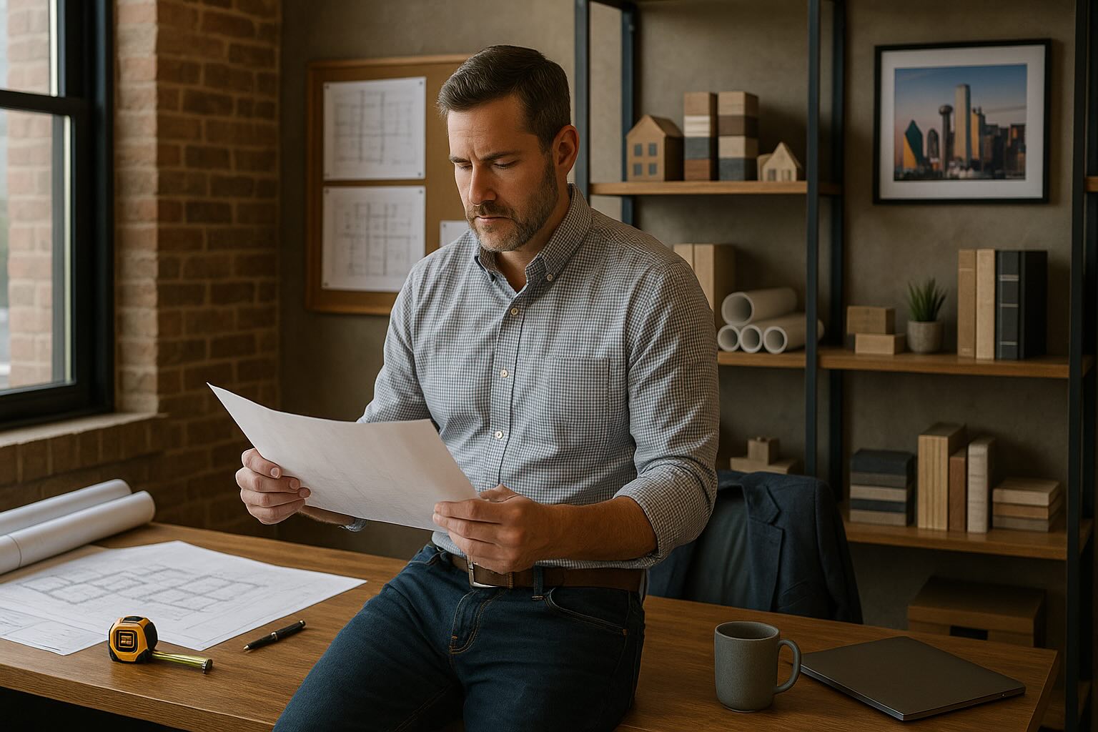 Dallas contractor with a neutral expression reads a document at his office desk.