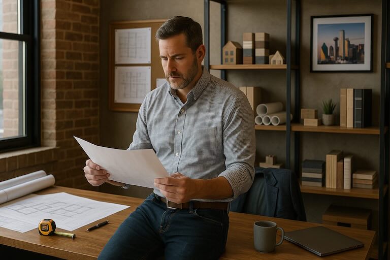 Dallas contractor with a neutral expression reads a document at his office desk.