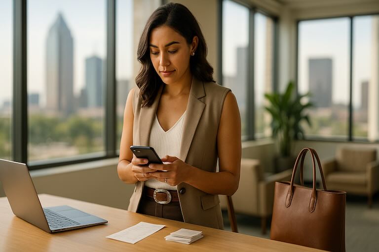Dallas business professional scans a receipt with her phone at a sunlit office desk, the skyline behind.
