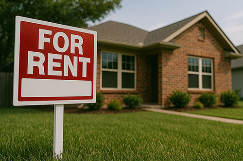 Red “For Rent” sign in front of a modern brick Texas home on a sunny day.