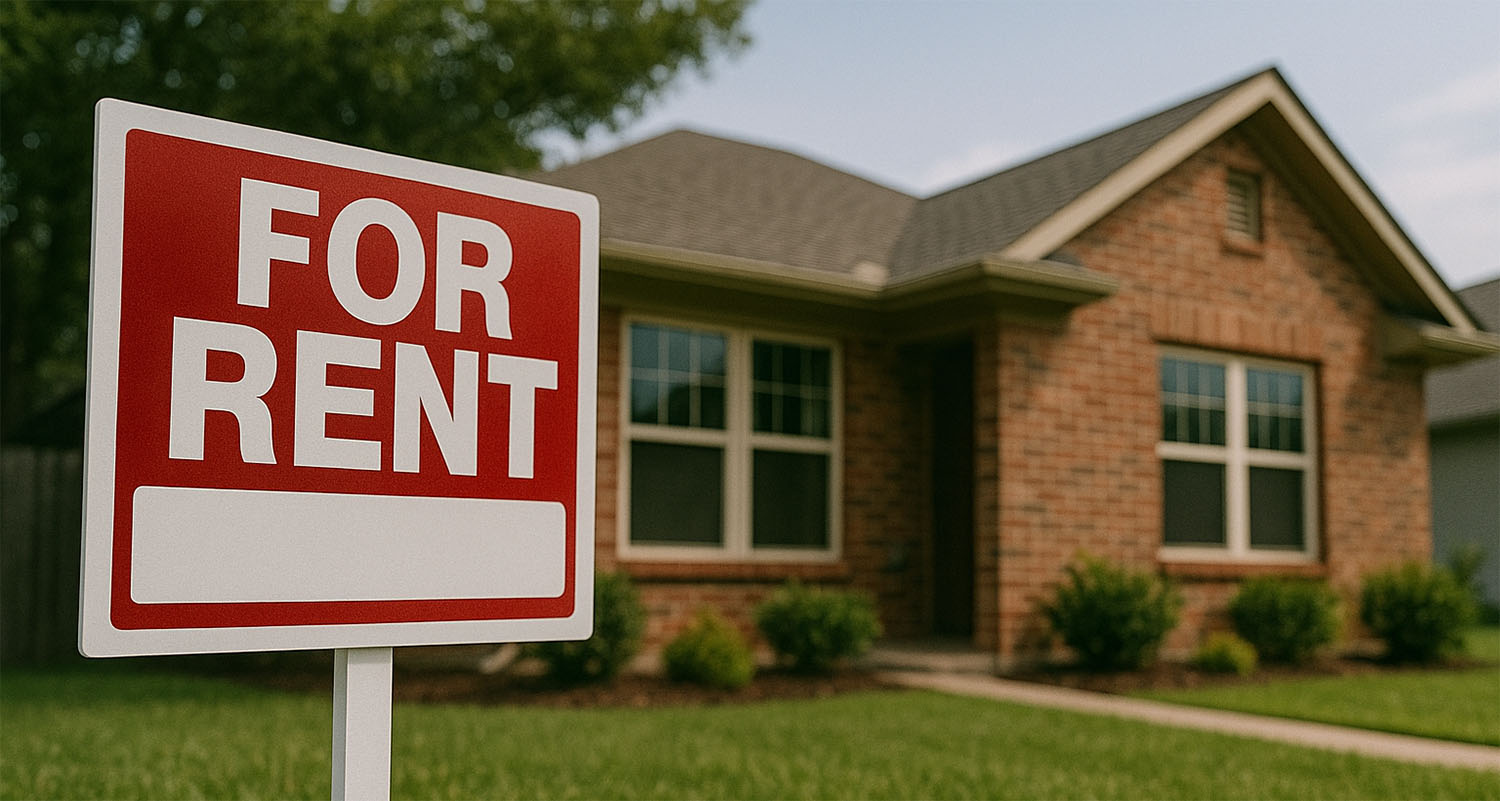 Red “For Rent” sign in front of a modern brick Texas home on a sunny day.