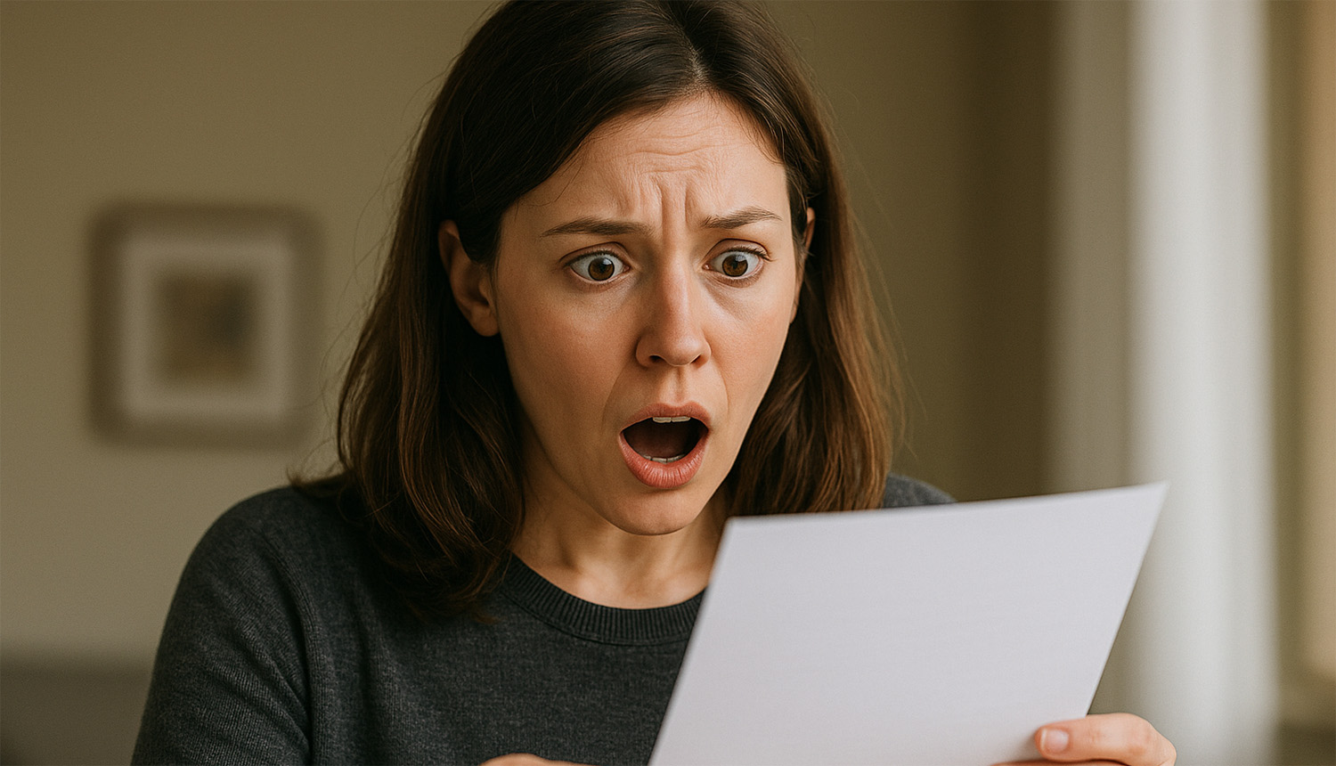 A woman in her early thirties with brown hair and a gray sweater looks shocked while holding a piece of paper, her mouth open in surprise, standing in a softly lit room.