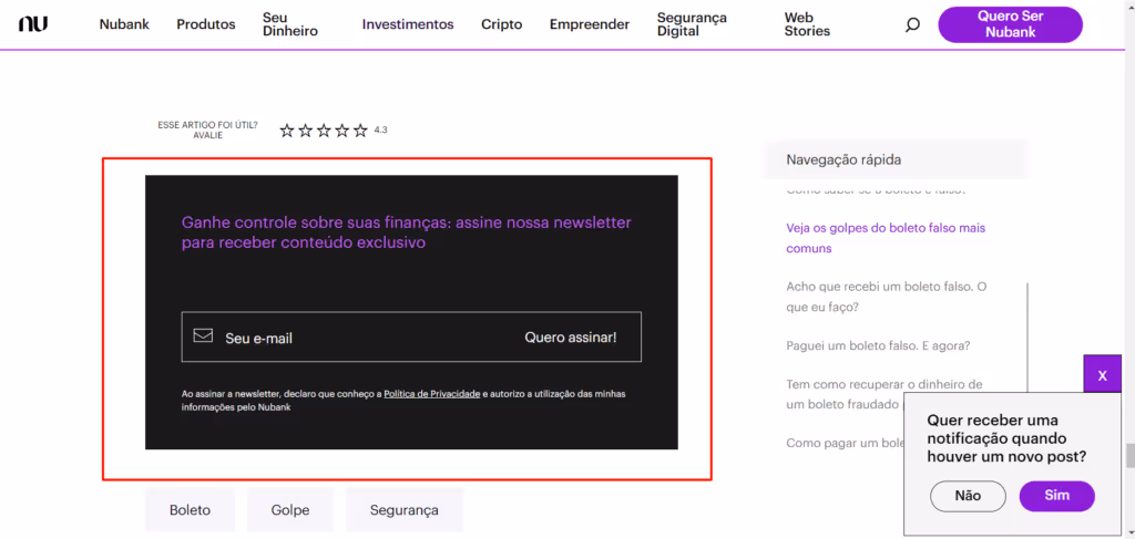 print do site da nubank como exemplo de CTA