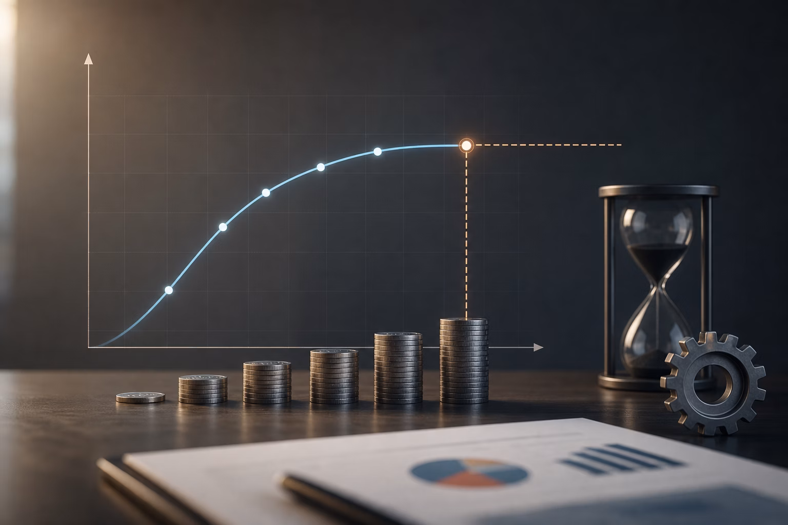 Gráfico de curva de resposta de mídia mostrando retorno decrescente conforme o investimento aumenta, com ponto de saturação indicado