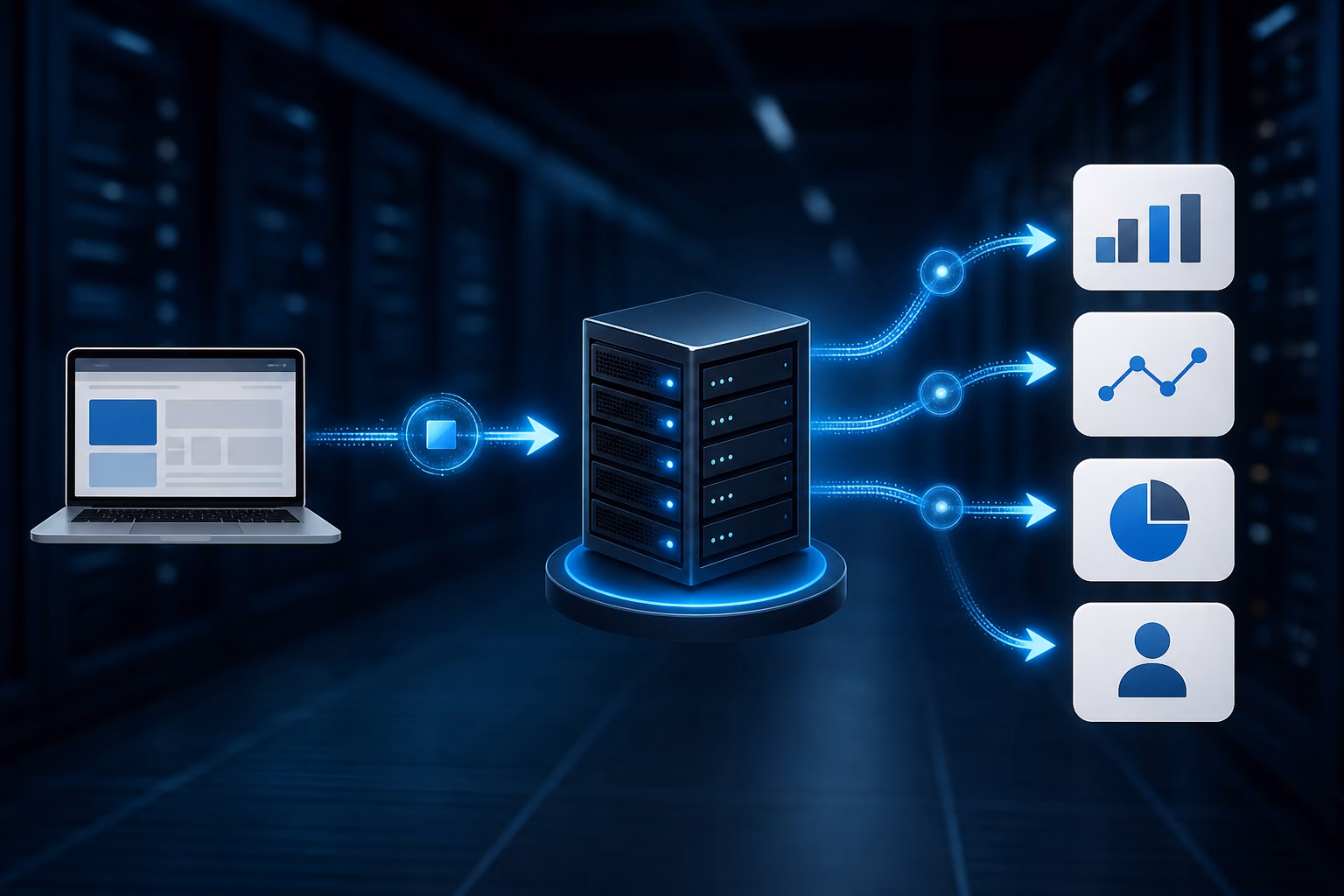 Diagrama do fluxo de server-side tracking: navegador, servidor próprio e plataformas de anúncios conectados por APIs de conversão