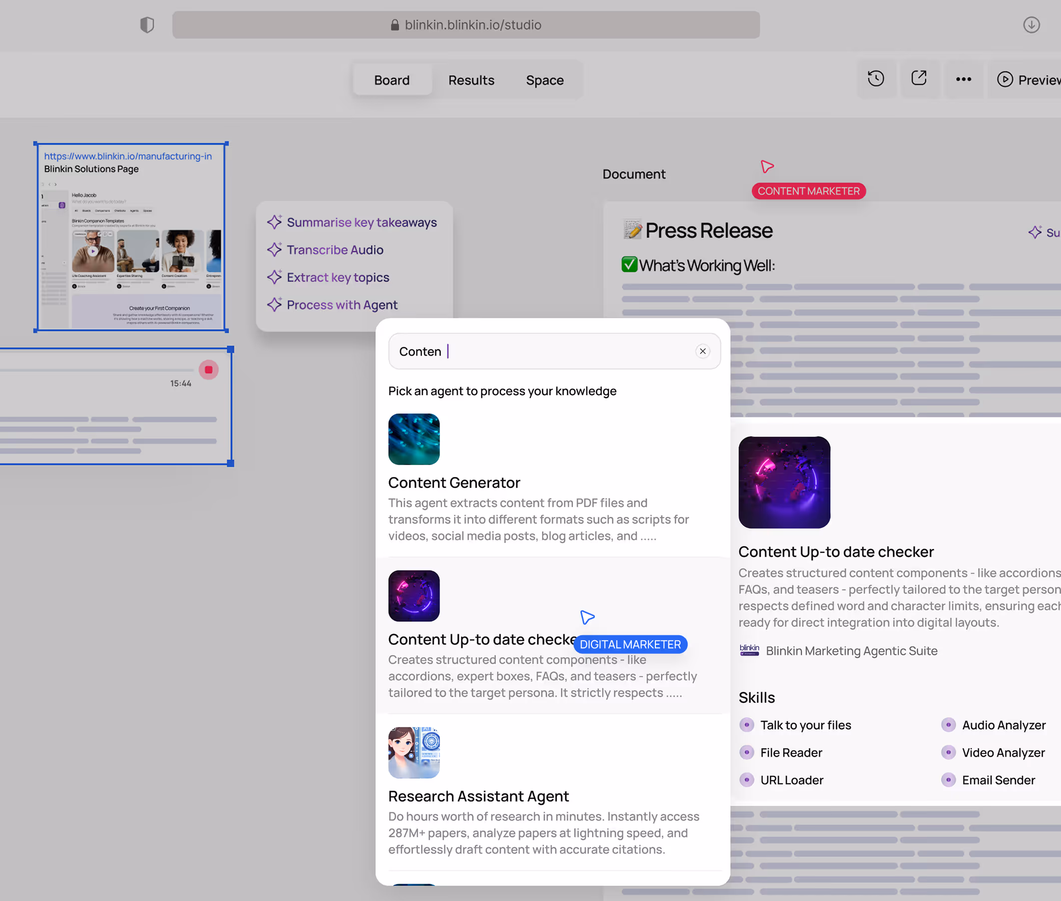 User interface of BlinkIn studio showing a document titled 'Press Release' and a pop-up menu with options for Content Generator, Content Up-to-date checker, and Research Assistant Agent.