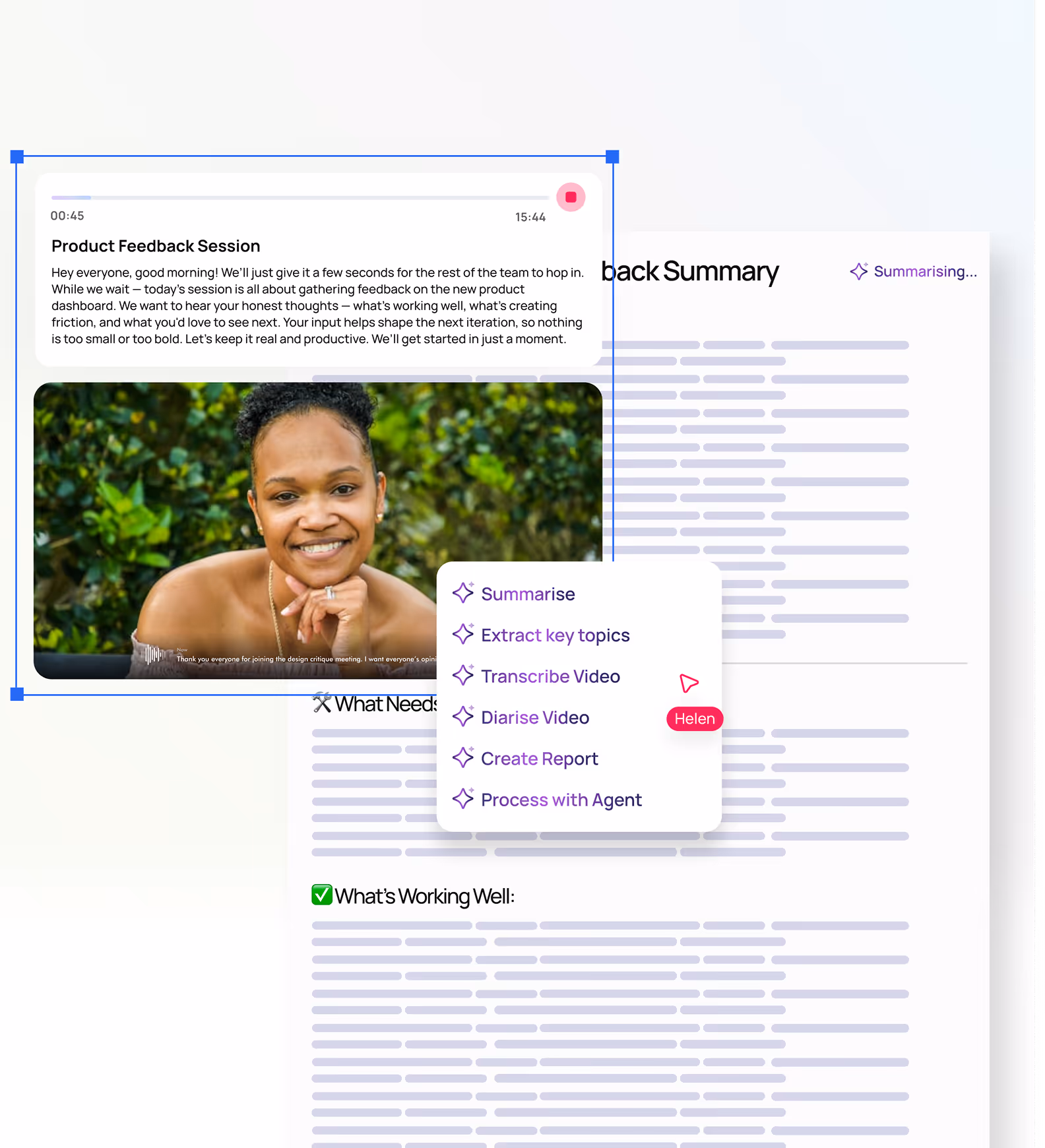 Screenshot of a video call titled 'Product Feedback Session' featuring a smiling woman, with a sidebar menu showing options like Summarise, Extract key topics, and Transcribe Video, over a blurred document titled 'Feedback Summary'.