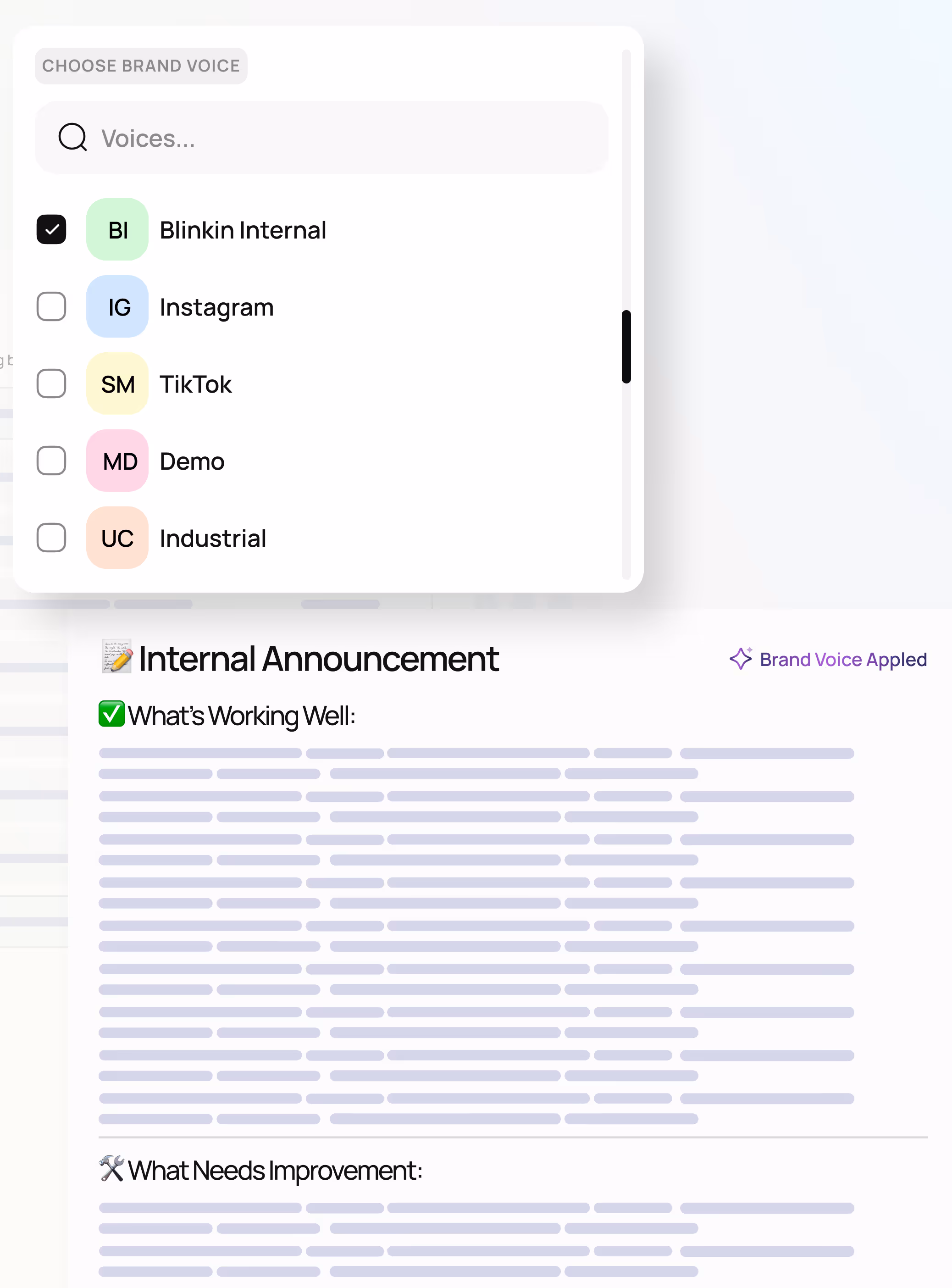 Dropdown menu displaying brand voice options with 'Blinkin Internal' selected, and a partially visible internal announcement draft showing sections for 'What's Working Well' and 'What Needs Improvement.'