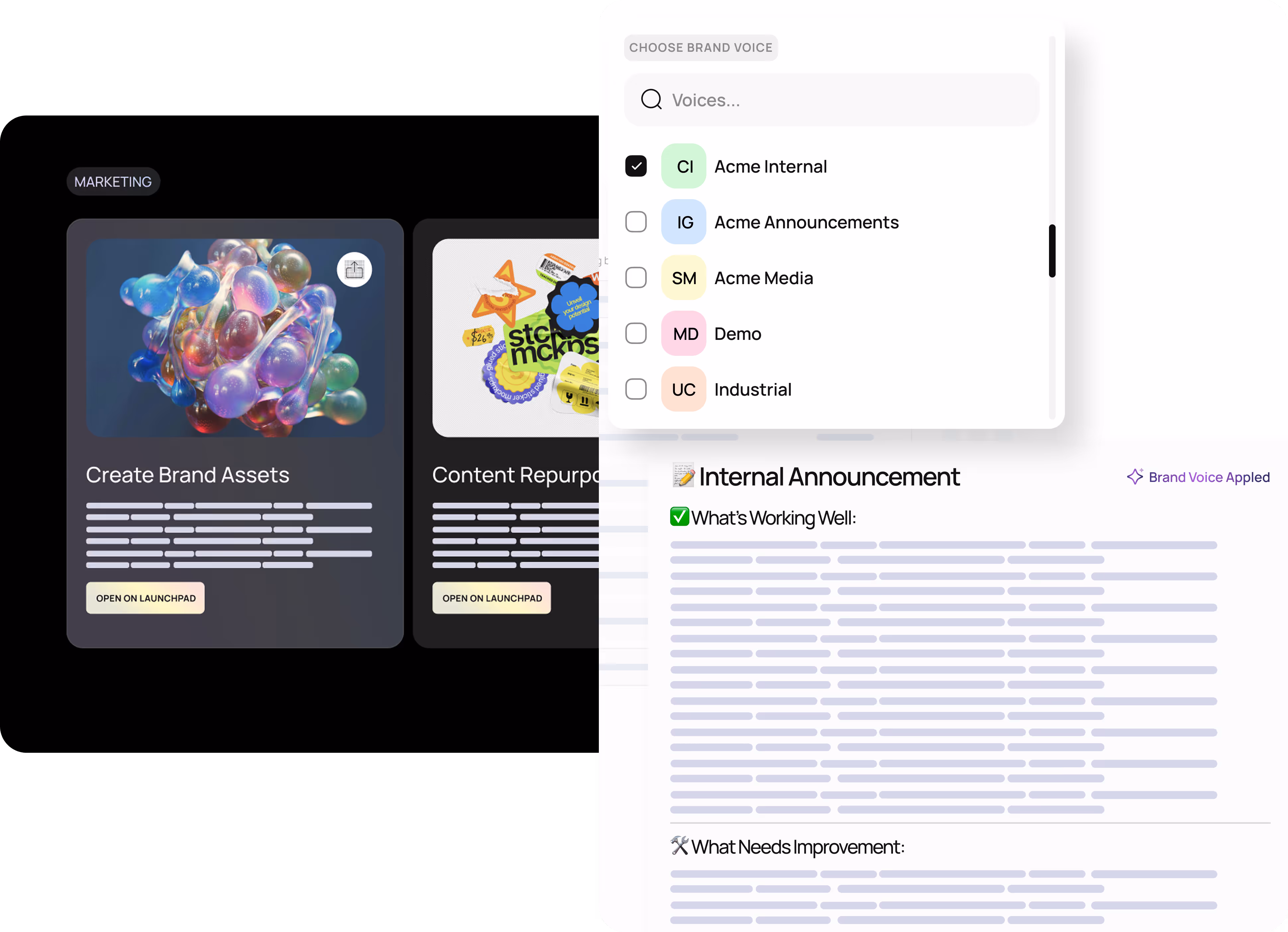Dashboard showing marketing tasks with cards titled Create Brand Assets and Content Repurposing, alongside a dropdown menu for selecting brand voices and an internal announcement report labeled What's Working Well and What Needs Improvement.