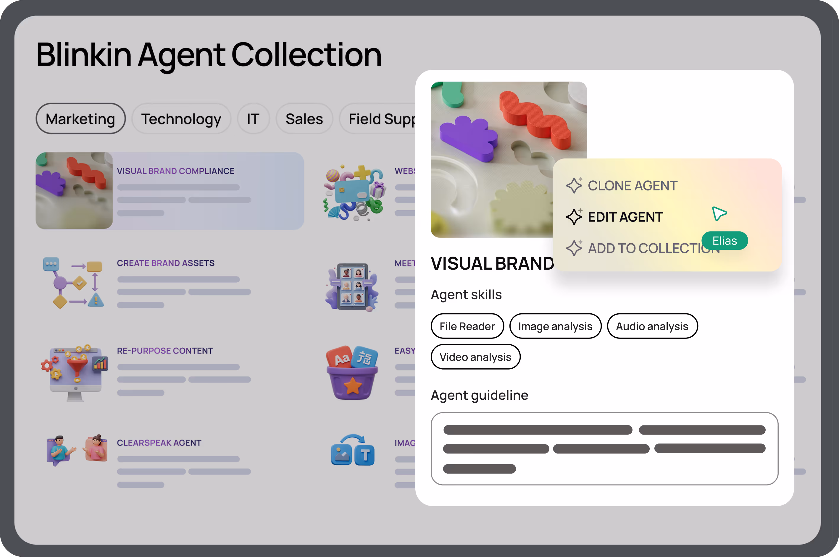 User interface of Blinkin Agent Collection showing categories like Marketing, Technology, IT, Sales, and Field Support with a preview of the Visual Brand agent panel detailing skills like File Reader, Image analysis, Audio analysis, and Video analysis, plus options to clone, edit, or add the agent to a collection.
