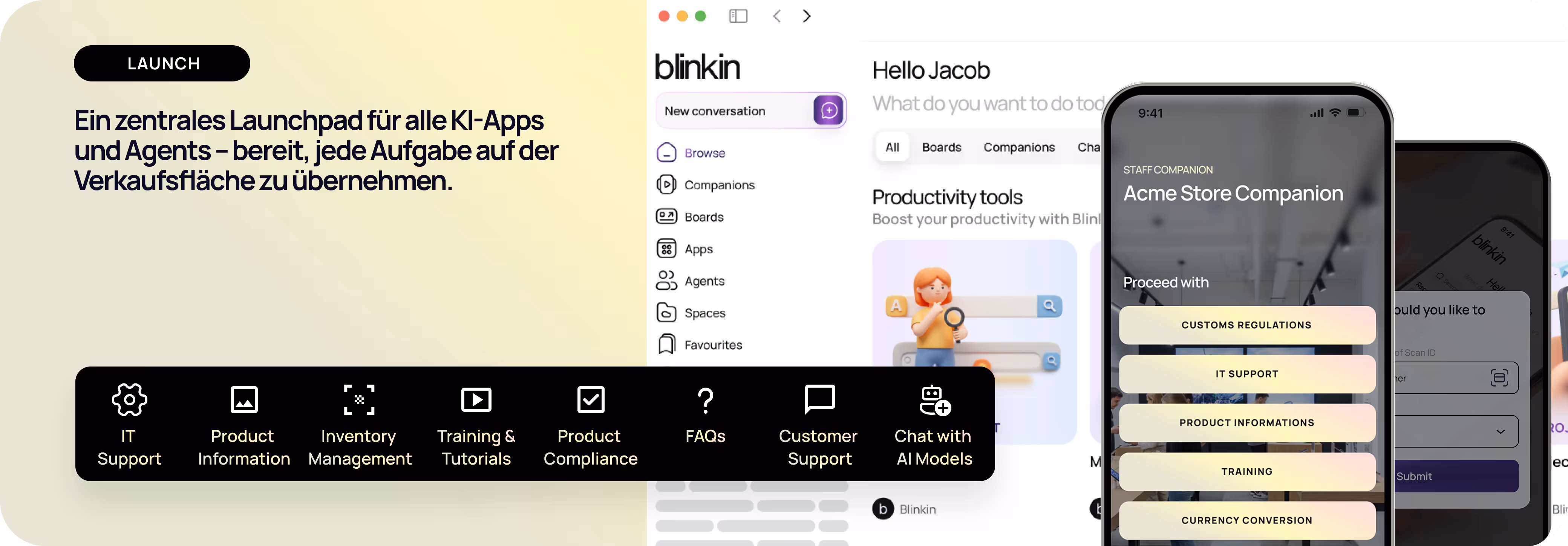 Dashboard interface of AI launchpad with options like IT Support, Product Information, Inventory Management, and Training Tutorials, alongside a mobile screen showing Acme Store Companion features.