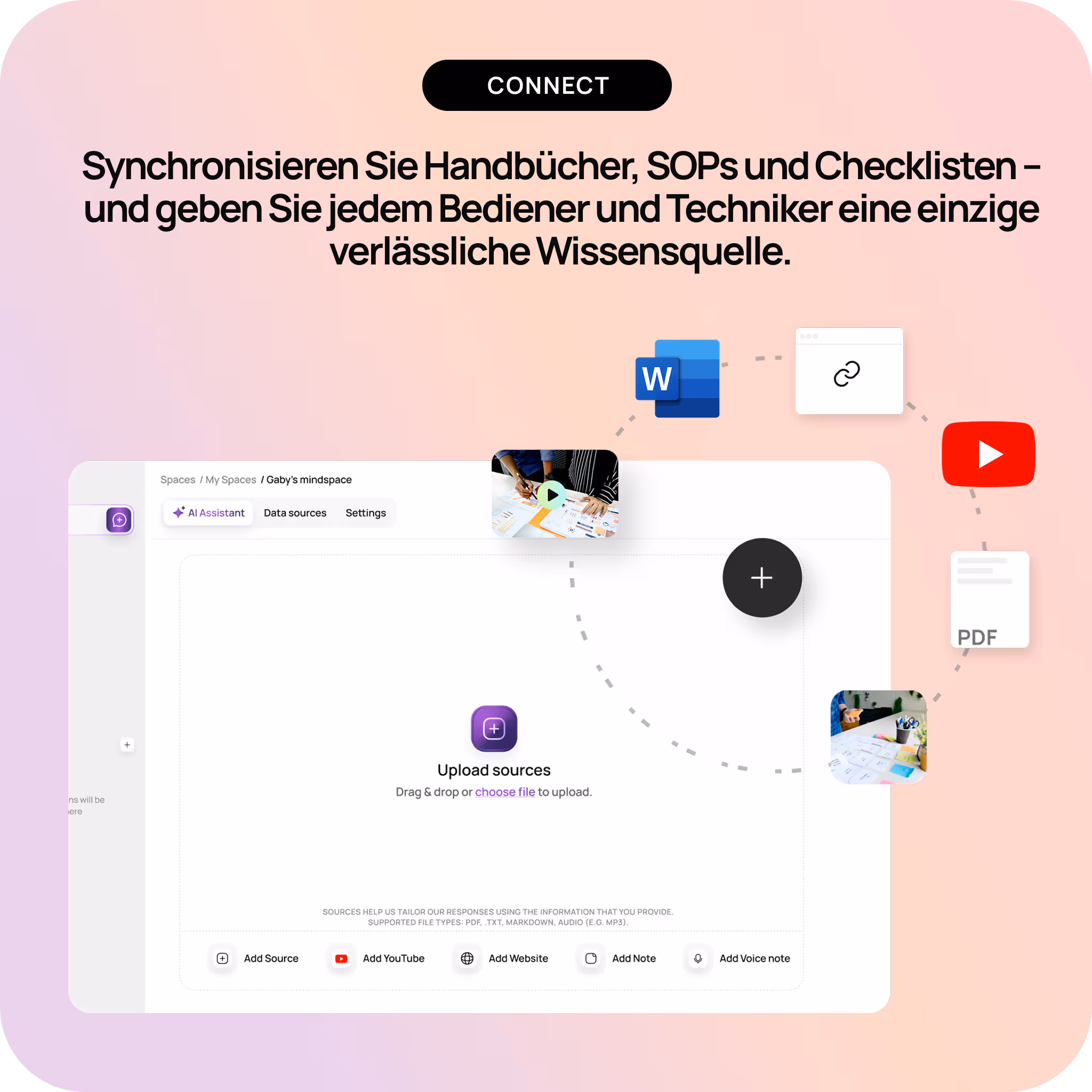 Schnittstelle zum Hochladen und Synchronisieren von Handbüchern, SOPs und Checklisten aus Word, YouTube, PDFs und Websites für eine zuverlässige Wissensquelle.