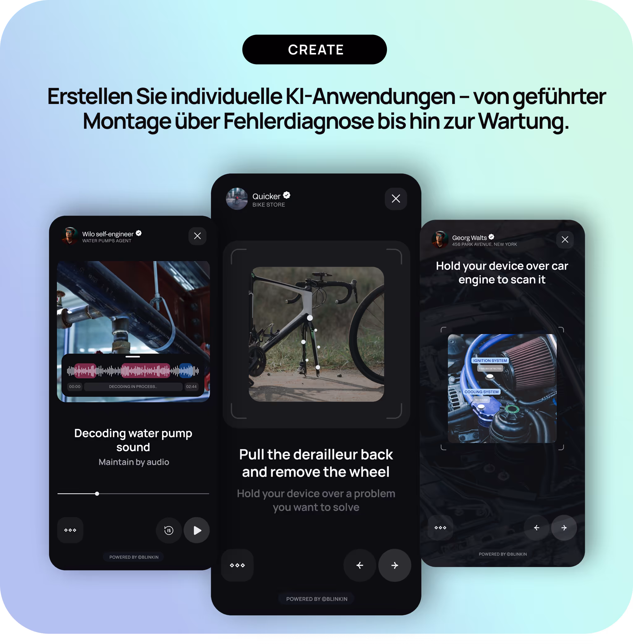 Benutzeroberfläche mit drei KI-gestützten Wartungstools: Entschlüsselung des Geräuschs der Wasserpumpe per Audio, Anweisungen zur Fahrradreparatur, um das Schaltwerk zurückzuziehen und das Rad zu entfernen, und Scannen eines Automotors nach Zünd- und Kühlsystemen.