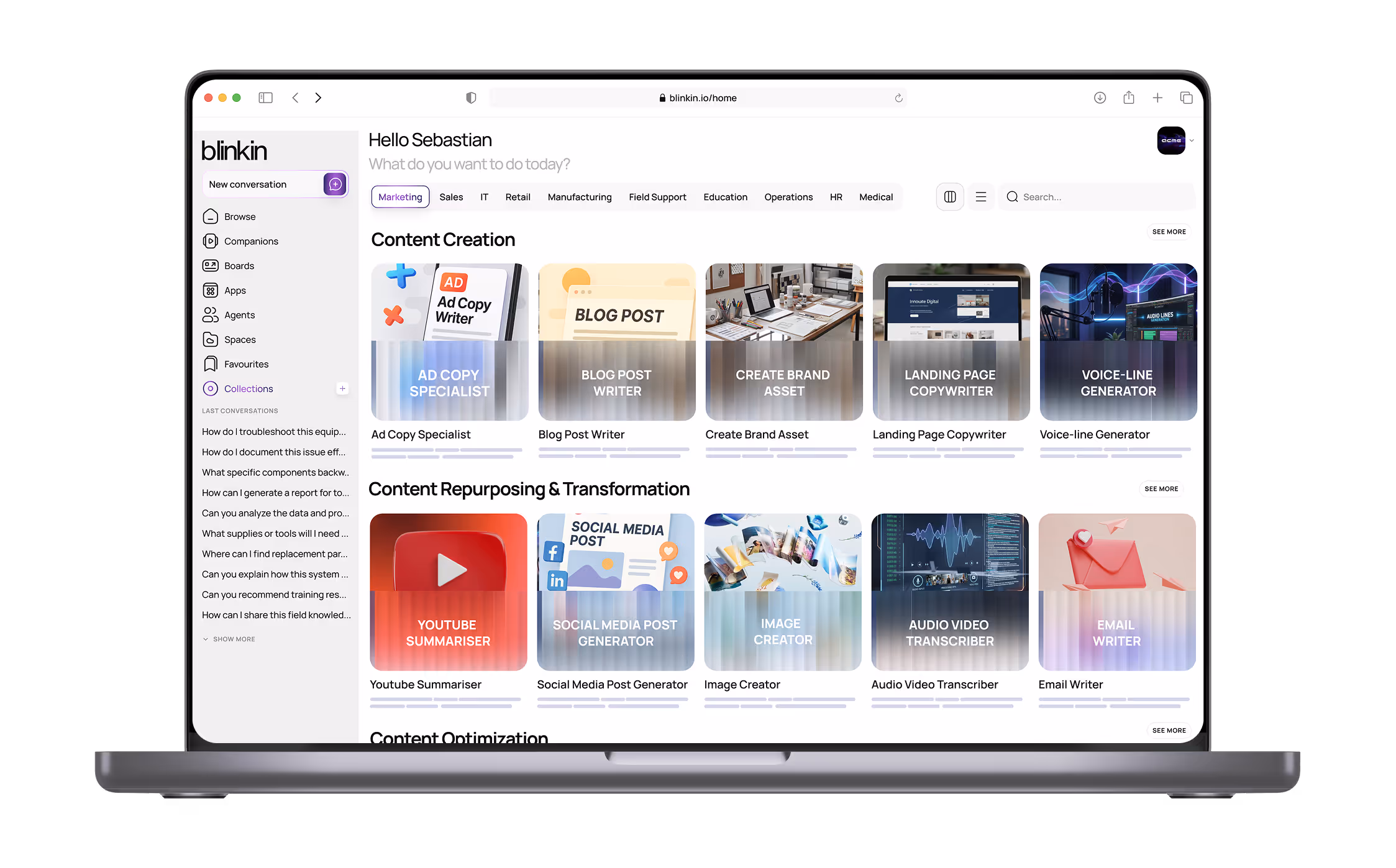 Laptop screen displaying the Blinkin.io dashboard with sections for Content Creation and Content Repurposing featuring tools like Ad Copy Specialist, Blog Post Writer, and YouTube Summariser.