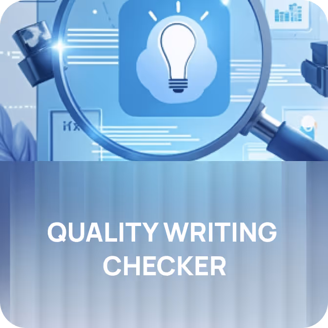 Magnifying glass focusing on a lightbulb icon above the text 'QUALITY WRITING CHECKER' in white on a blue background.