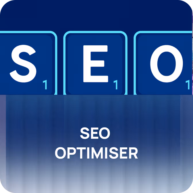 Scrabble tiles spelling SEO above text reading SEO optimiser on a blue gradient background.