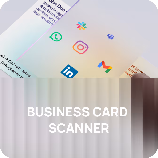 Business card scanner app interface showing a scanned card with contact details and social media icons including WhatsApp, Slack, Instagram, Microsoft Teams, LinkedIn, and Gmail.