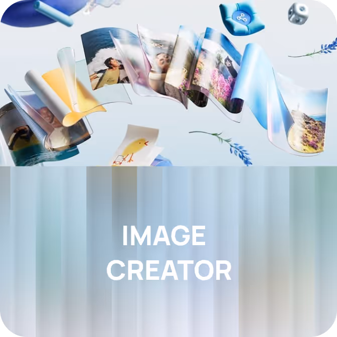 Floating curved photo strips above blurred vertical gradient background with text 'IMAGE CREATOR'.