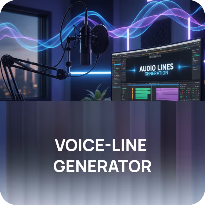 Recording microphone and monitor showing audio editing software with text 'Audio Lines Generation' above bold text 'Voice-Line Generator'.