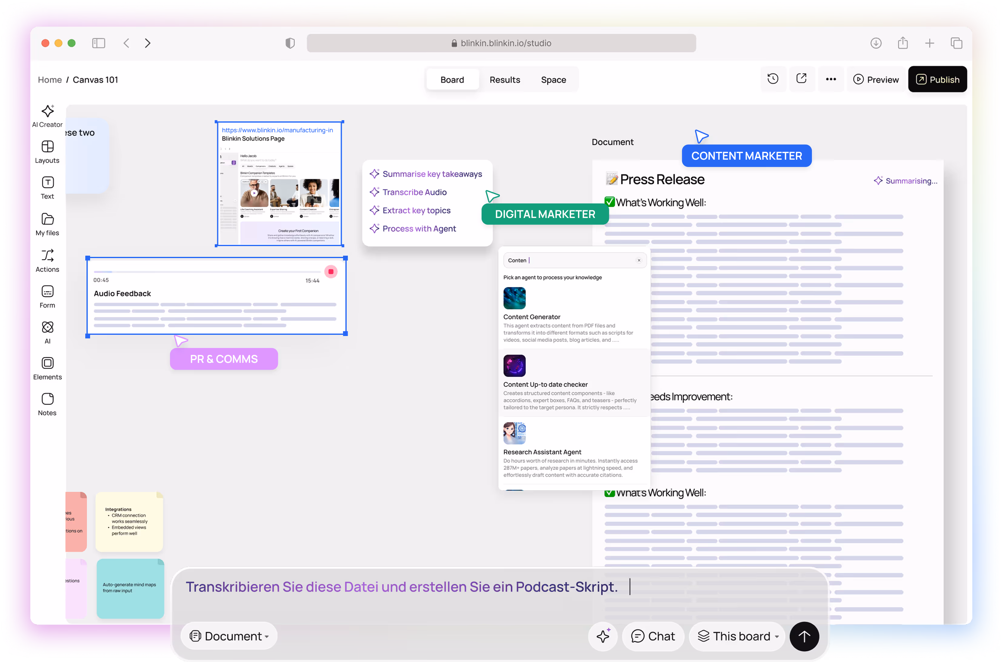 Screenshot of a collaborative digital workspace showing different marketing roles with tasks like summarizing key takeaways, transcribing audio, and content generation on a virtual canvas.