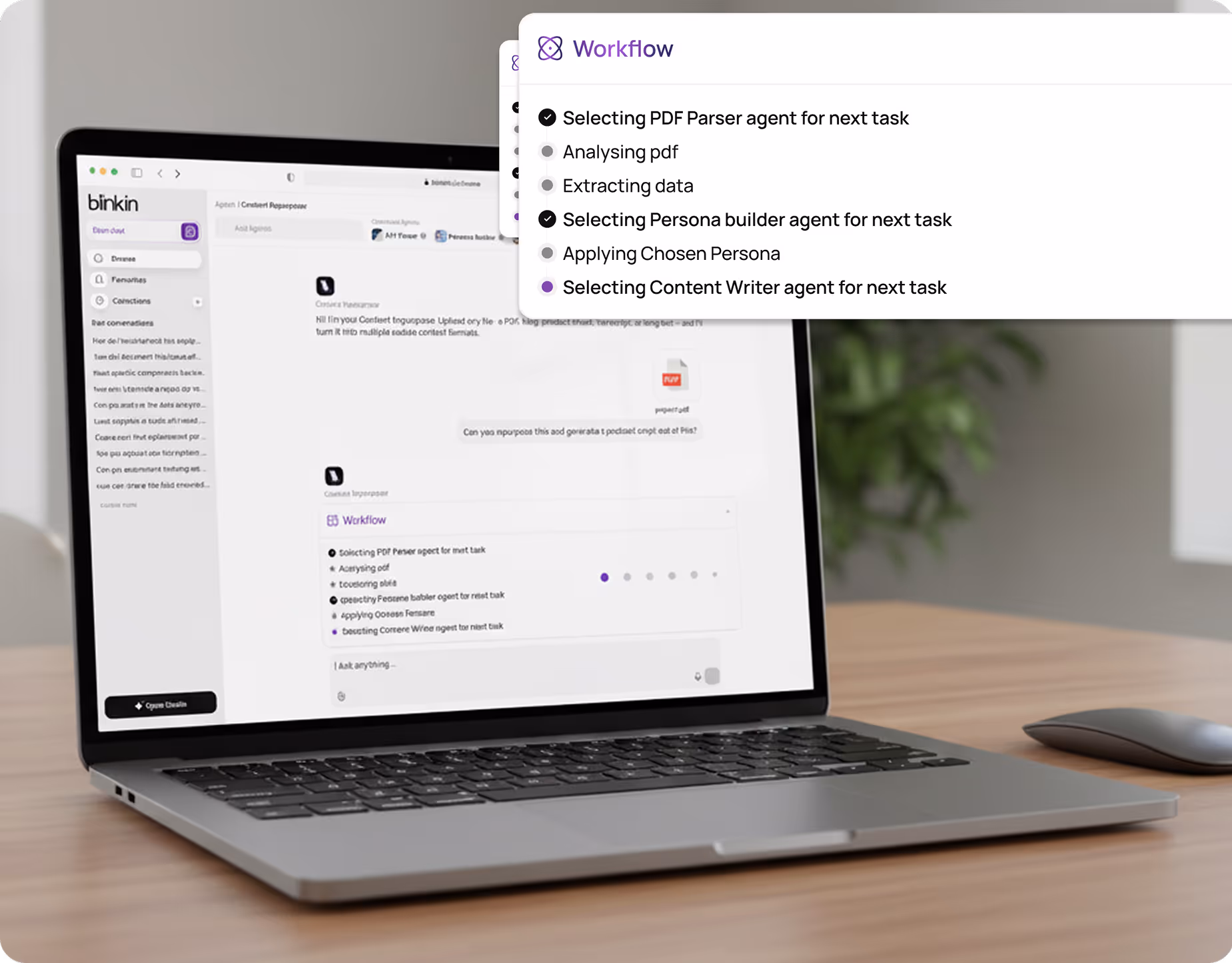 Laptop on wooden desk displaying Binkin app interface with workflow steps for selecting PDF parser, persona builder, and content writer agents.