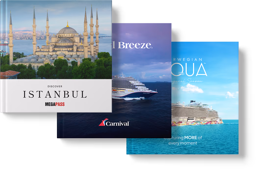 Stack of three travel brochures featuring Istanbul mosque, cruise ships on ocean, and ocean views.