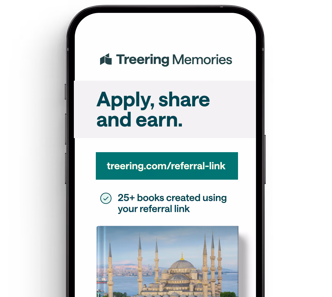 Smartphone screen showing Treering Memories app with referral link and promotion to apply, share, and earn.