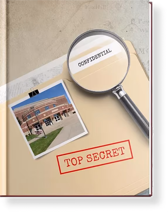 File folder labeled TOP SECRET with magnifying glass showing CONFIDENTIAL and a photo of a building.