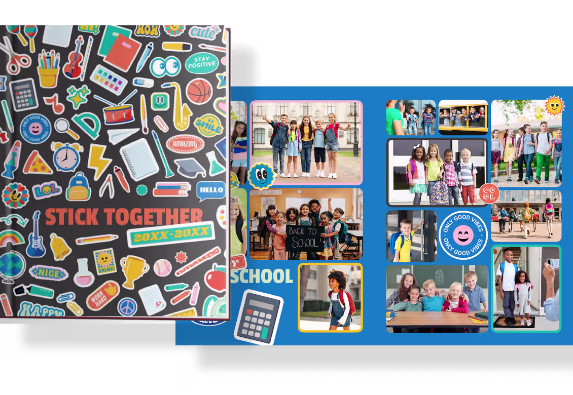 Collage of diverse children at school with backpacks, smiling and holding back to school sign.