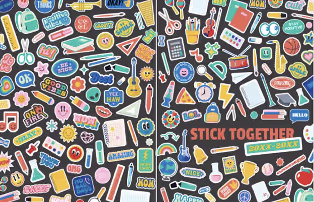Colorful stickers of objects, symbols, and words like 'STICK TOGETHER' on a dark background.