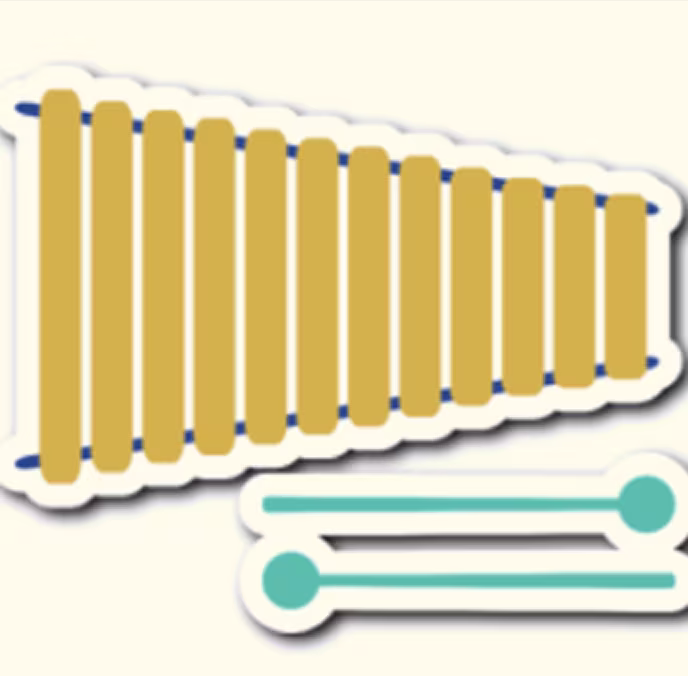 Illustration of a yellow xylophone with two blue mallets below it on a light background.