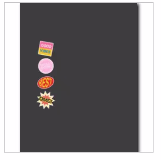 Four colorful stickers on a black background reading good vibes, love, best, and OMG.
