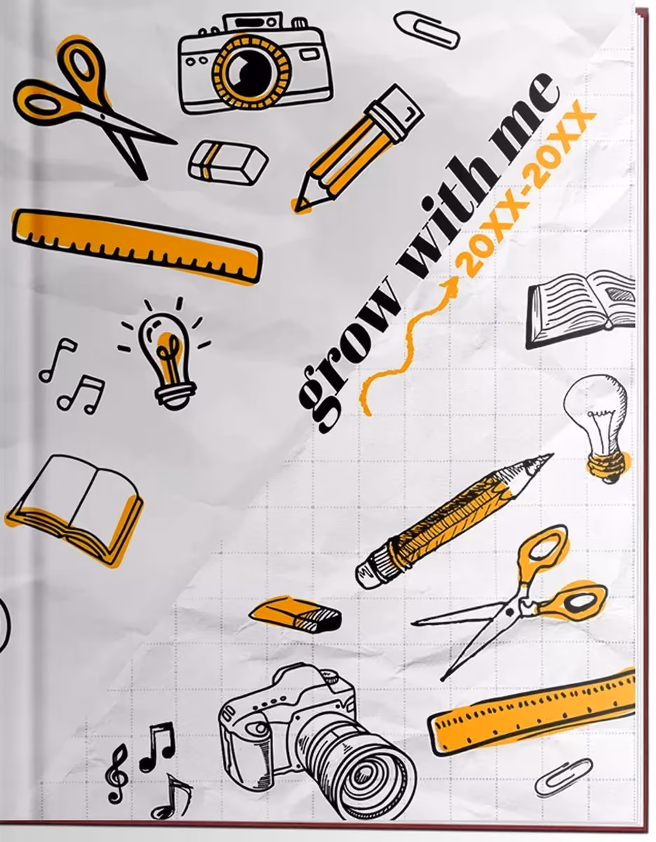 Illustration of school supplies and creative icons around text 'grow with me 20xx-20xx'.