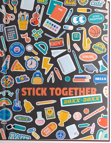 Colorful school-themed stickers with phrases like 'Stick Together,' 'Stay Positive,' and '20XX-20XX' on dark background.