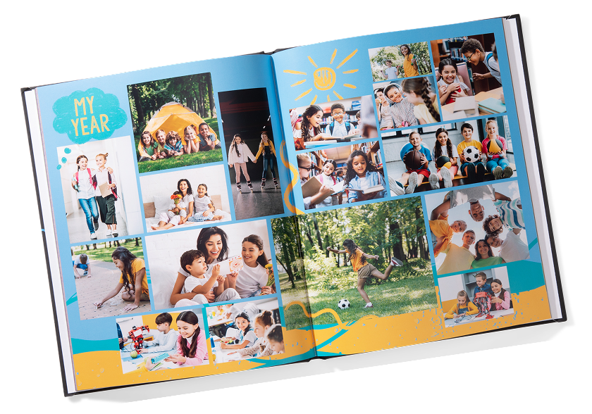 Yearbook collage of children playing, learning, and smiling in various outdoor and indoor activities.