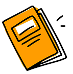 Orange closed book with rectangular label on cover and three horizontal lines below