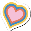Sticker with layered heart shapes in blue, yellow, gray, and pink colors.