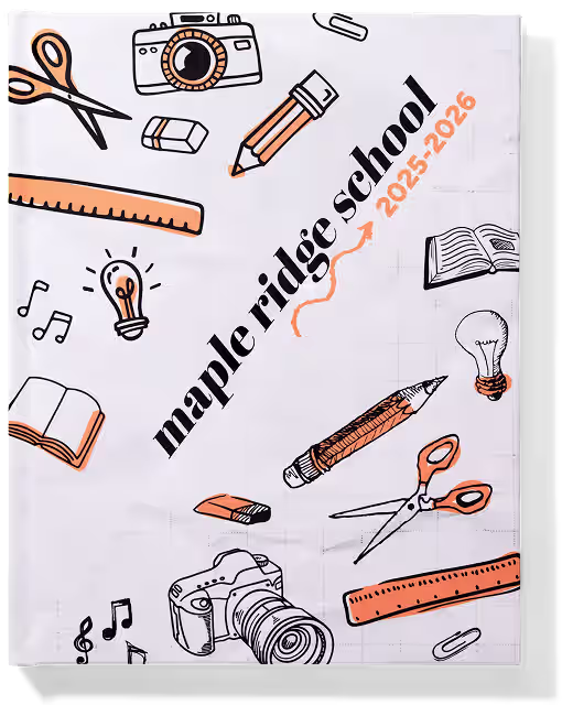 Book cover with school supplies and text 'maple ridge school 2025-2026' in black and orange.