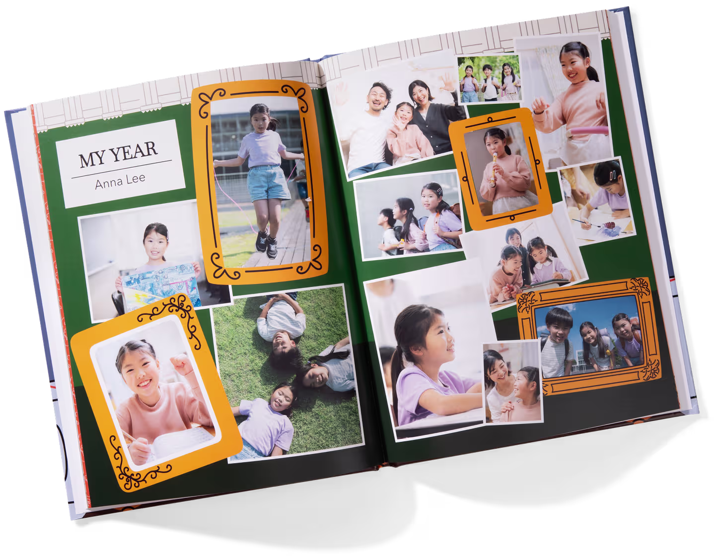 Open yearbook spread titled 'My Year Anna Lee' with photos of a girl jumping rope, drawing, and with family and friends.