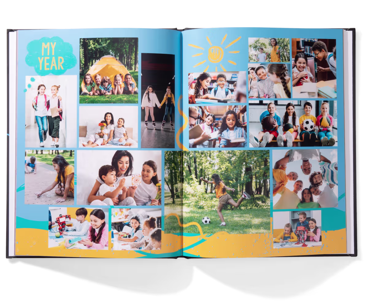 Yearbook editor interface showing options to sort photos by grade, teacher, or group with a file list.