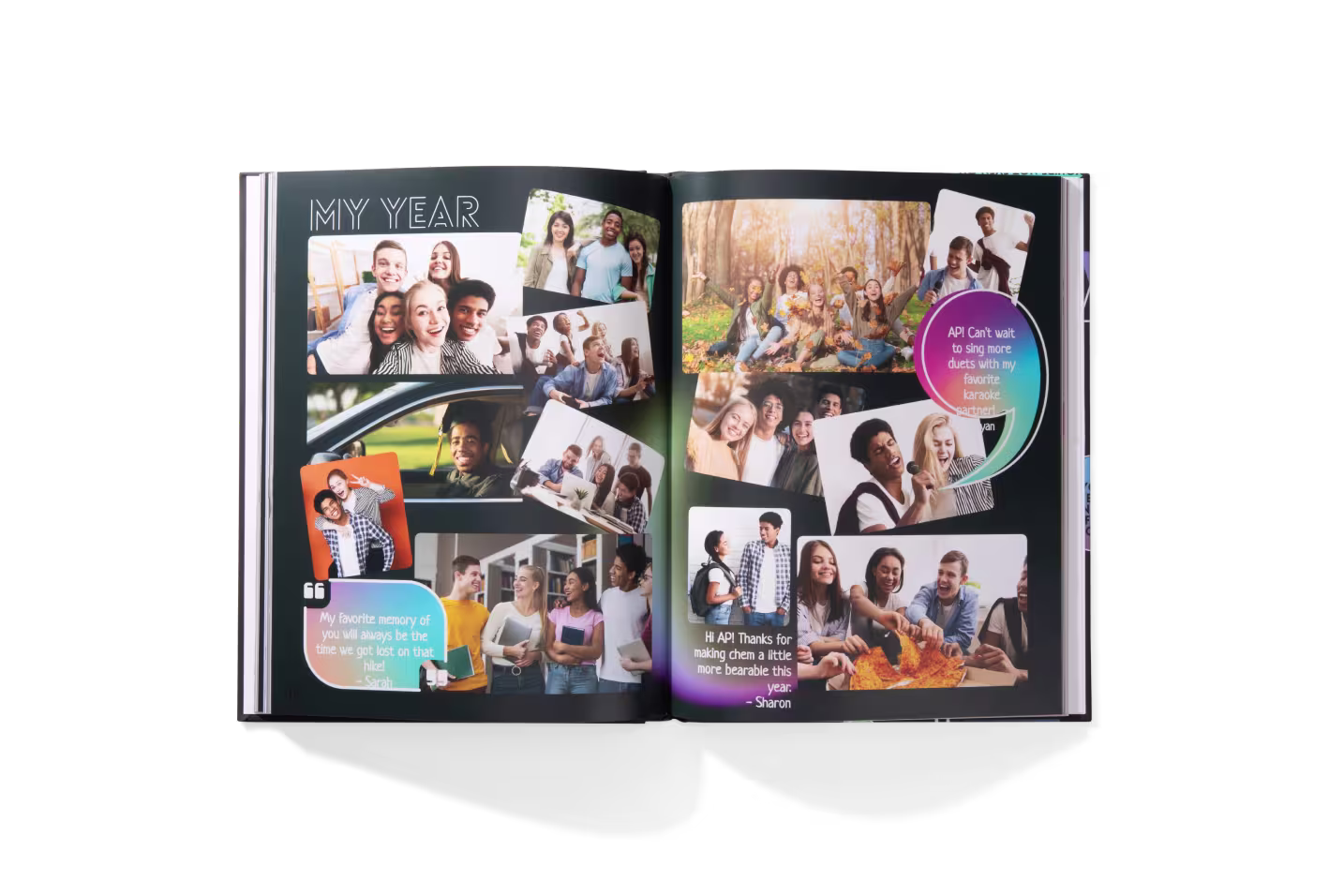 Yearbook editor interface showing options to sort photos by grade, teacher, or group with a file list.