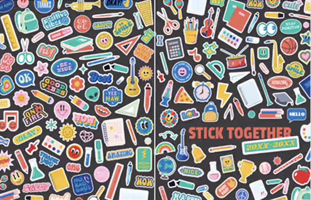 Colorful stickers with school supplies, music notes, smiley faces, and phrases like Stick Together on a black background.