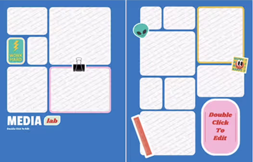 Two blue digital scrapbook pages with blank white photo frames and decorative stickers.