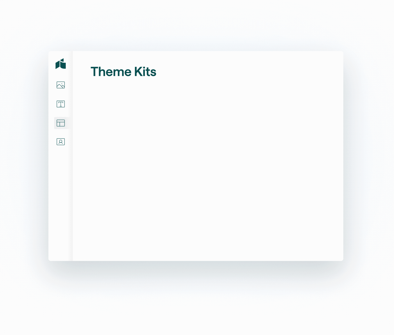 Animated interface showing theme kit options with icons for layout, text, and images on left panel.