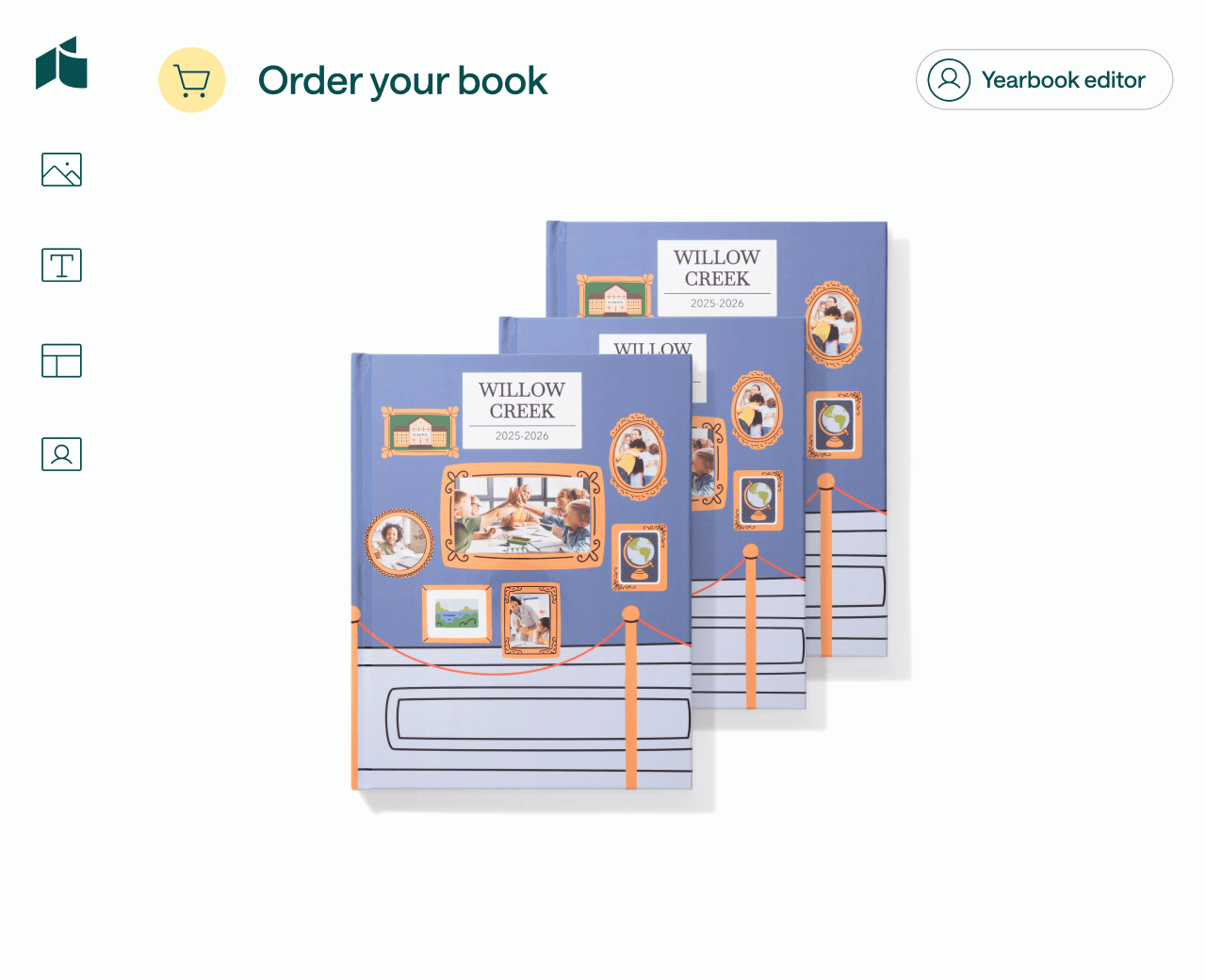 Three Willow Creek 2025-2026 yearbooks stacked, with framed photos and illustrations on the covers.