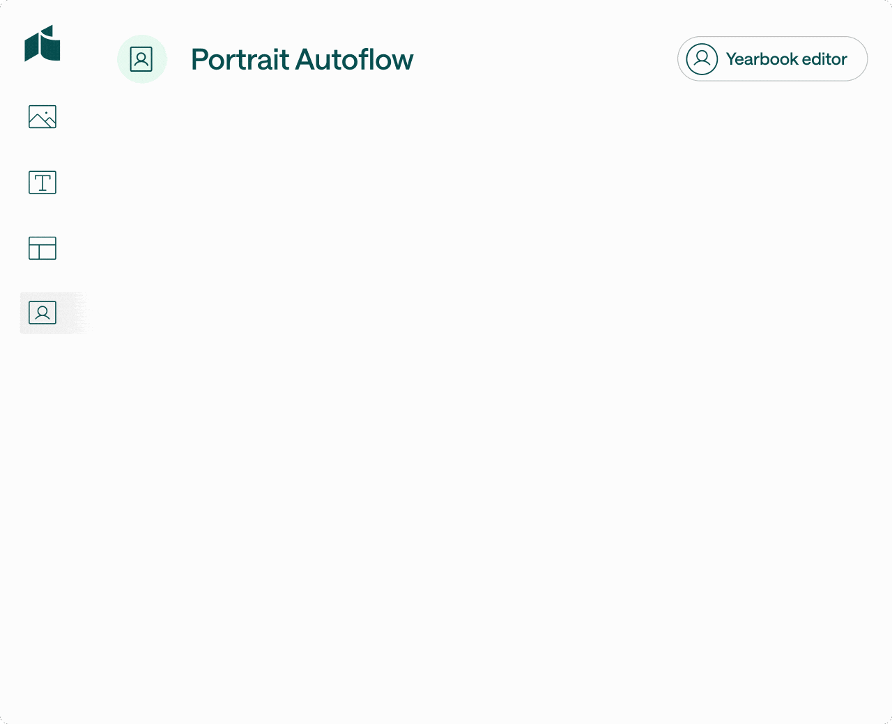Portrait Autoflow interface showing icons for image, text, layout, and portrait with Yearbook editor button.