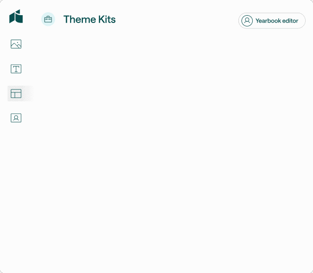 User interface showing Theme Kits section with icons for images, text, grids, and profiles.